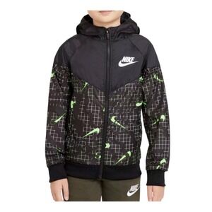 Nike Boy's XL Windbreaker Jacket Black Lime Green Grid Windrunner CU9301-010